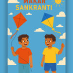 Kids Flying Kites PSD Vector – Makar Sankranti Flat Illustration